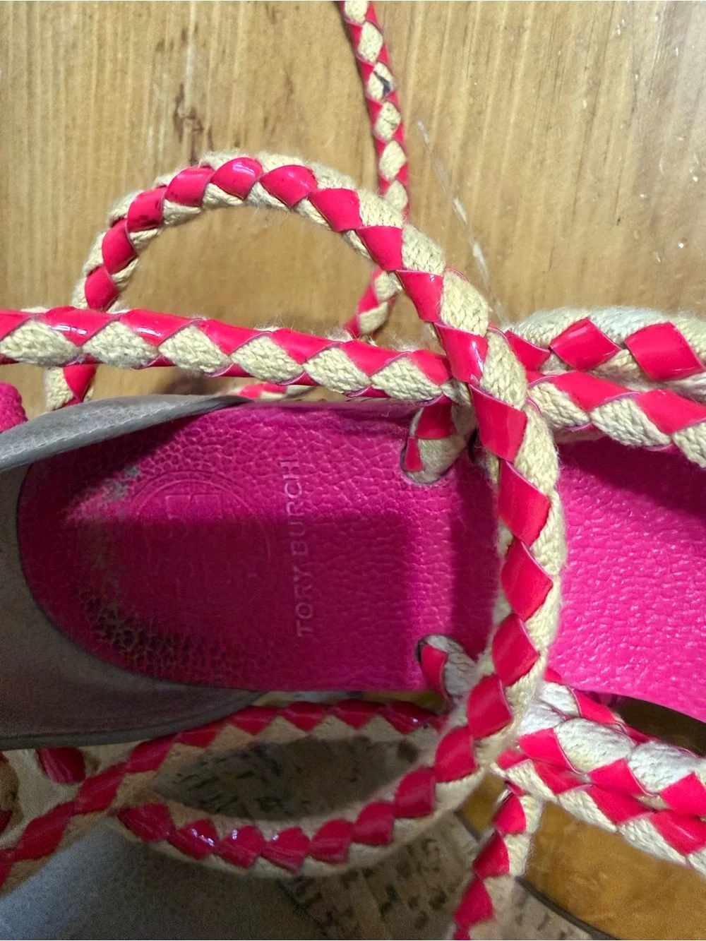 Tory Burch Bright Pink Braided Lace-Up Sandals with Tan Braids